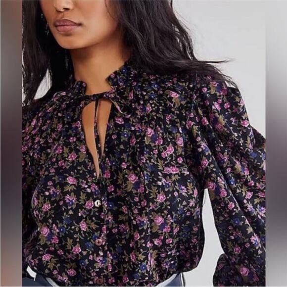 Free People Meant to Be Black Purple Floral Puff Sleeve Smocked Cotton Blouse S - Picture 7 of 15